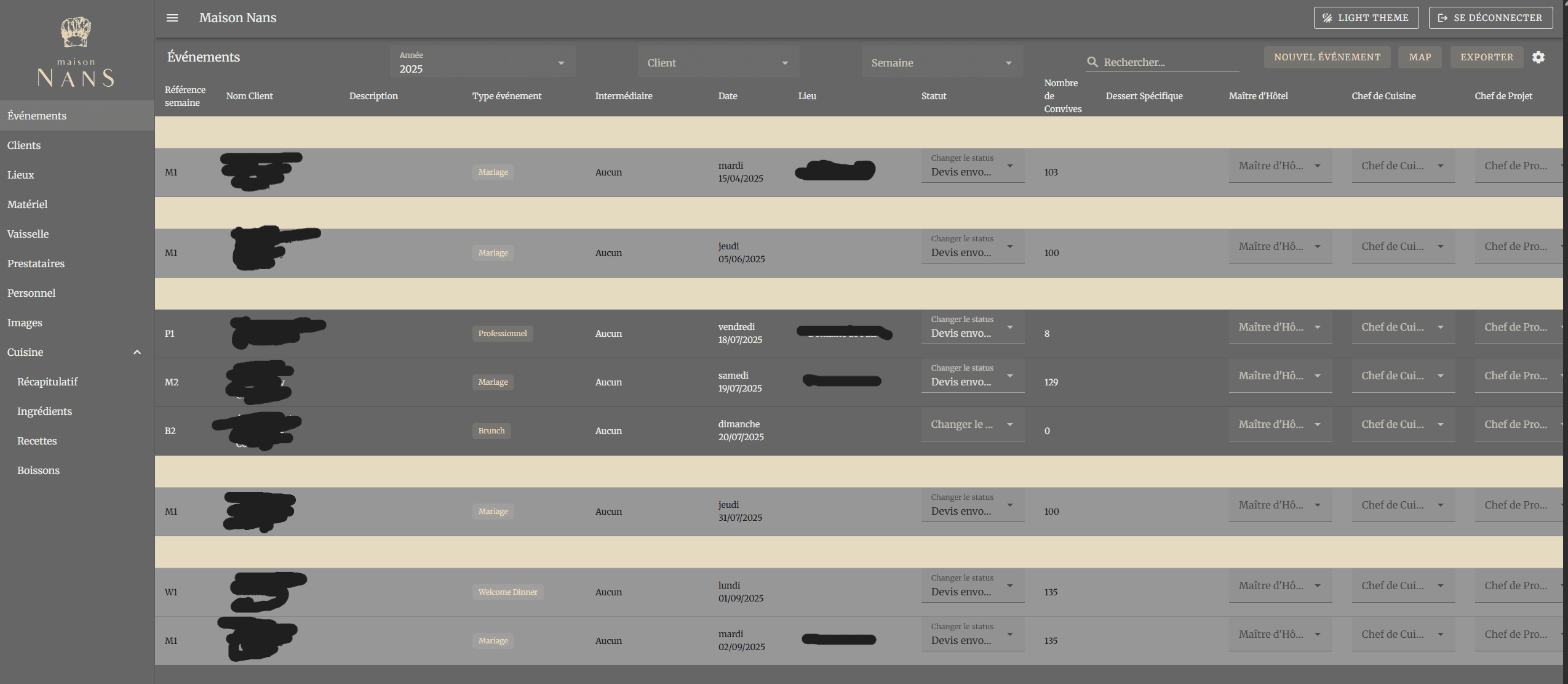 Maison Nans event management interface